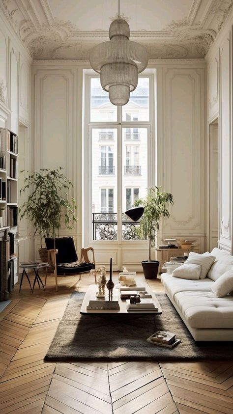 Art Deco Scandinavian Interior, French Apartment Layout, Hausmann Interior, French Apartment Interior, Haussmann Interior, Home Color Schemes, Paris Apartment Interiors, French Cottage Living Room, Home Modern Decor