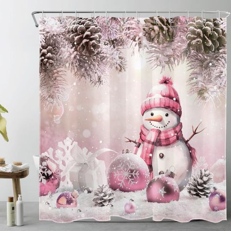 Snowman Shower Curtain, Bathroom Shower Curtain Sets, Plastic Shower Curtain, Christmas Shower Curtains, Pink Xmas, Bath Store, White Shower Curtain, Snowmen Patterns, Accessories Bathroom