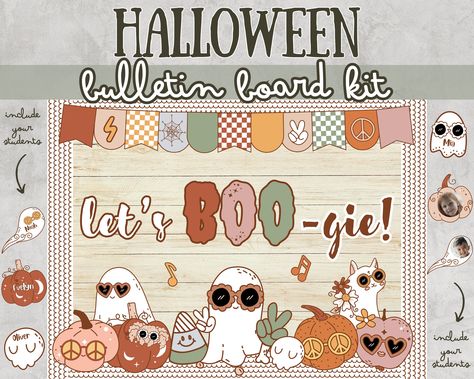 Cute Halloween Bulletin Boards, Retro Fall Bulletin Board, October Bulletin Boards Elementary, October Bulletin Board Ideas, Bulletin Board Halloween, Autumn Bulletin Board, Halloween Windows, October Bulletin Board, October Bulletin Boards