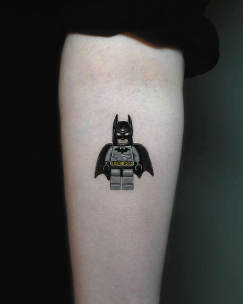 Cool Batman Tattoos, Black And White Marvel Tattoo, Lego Batman Tattoo Ideas, Bat Signal Tattoo, Small Batman Tattoo Ideas, Lego Figure Tattoo, Batman Traditional Tattoo, The Boys Tattoo, Small Batman Tattoo