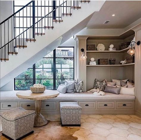 Like the seating under stairs. Under The Stairs Ideas, Under Stairs Nook, Under Stairs Storage Solutions, Room Under Stairs, Stair Nook, Space Under Stairs, تحت الدرج, Stairs Ideas, Staircase Storage