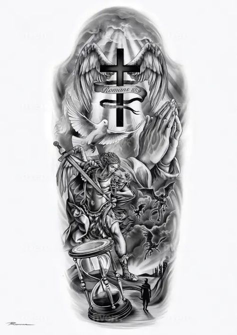 tattoo ideas Good Half Sleeve Tattoos For Men, Og Tattoos Ideas Men, Sleeve Tattoo Concepts, Catholic Sleeve Tattoo Men, Christian Leg Sleeve Tattoos, Fallen Angel Tattoo Sleeve, Mens Sleeve Tattoo Ideas For Guys, Angel Forearm Tattoo Men, Christian Tattoos For Men Sleeve