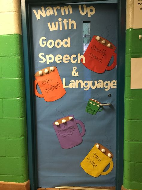 Winter Speech Bulletin Board Board Games Room, Speech Classroom Decor, Speech Bulletin Boards, Slp Office, Speech Crafts, Christmas Bulletin Boards, Speech Teacher, Student Survey, Reading Bulletin Boards