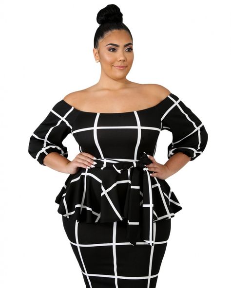 Black White Checked Plus Size Peplum Dress Plus Size Peplum Dress, White Peplum Dress, Black Peplum Dress, Bodycon Party Dress, Three Quarter Sleeve Dresses, Look Plus Size, Office Dresses For Women, White Peplum, Moda Chic