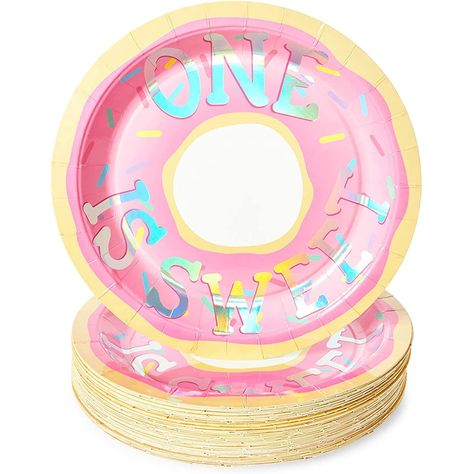 PRICES MAY VARY. SERVES 48: Includes 48 party plates for a 1st birthday party; add to the dining table setting, or use them at the buffet and dessert table 1ST BIRTHDAY DECORATIONS: The pink holographic paper plates feature donut sprinkles and say "One Is Sweet"; ideal for creating a celebratory atmosphere and perfectly coordinated theme for your donut theme birthday party QUICK AND EASY CLEAN UP: An ideal alternative to traditional plastic party plates, simply dispose of paper plates set after Donut Party Supplies, Donut Party Decorations, Donut Birthday Party, Plastic Party Plates, Holographic Paper, Donut Birthday Parties, Donut Birthday, 1st Birthday Decorations, First Birthday Party Themes