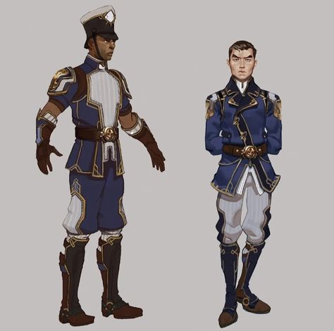 Arcane Style Outfits, Guard Pose Reference, Arcane Shading, Arcane Enforcer Uniform, Fantasy Guard Outfit, Piltover Fashion, Fantasy Military Outfit, Decopunk Fashion, Arcane Enforcer