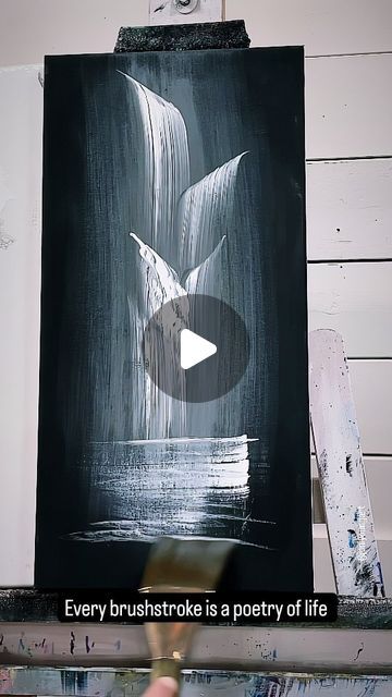 White Paint On Black Canvas, Canvas Painting On Black Canvas, Black White Watercolor Painting, Painting A Waterfall, Motivational Art Painting, How To Paint A Waterfall, Painting Ideas Black Canvas, Black Canvas Paintings Acrylics, Waterfall Painting Acrylic