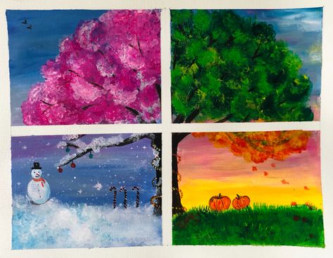 Spring Summer Autumn Winter Drawing, Four Piece Painting, Season Paintings Four, Winter Spring Summer Fall Art, Four Seasons Painting Canvases, Four Season Painting Ideas, Seasons Paintings On Canvas, Different Seasons Painting, 4 Season Painting