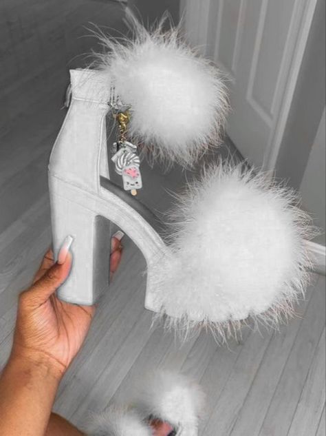 Striper Heels, Fluffy High Heels, Baddie Heels, Bedazzled Shoes Diy, Fluffy Heels, Fuzzy Heels, Feather Heels, Bling Heels, Fluffy Shoes