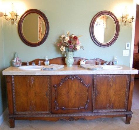 Very nice re-purposing idea.  There are lots of articles on the internet explaining how to do this.  I'm going to do it and will advise how it worked. Baie Vintage, Antique Sideboard Buffet, Baños Shabby Chic, Unique Bathroom Vanity, Bathroom Vanity Designs, Diy Bathroom Vanity, Antique Buffet, Creative Bathroom, Antique Sideboard