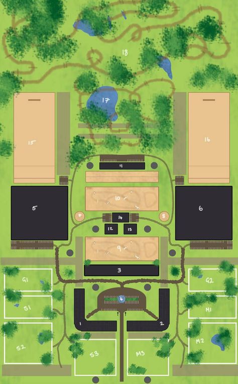 Equestrian Center Layout, Minecraft Equestrian Center, Stables Layout, Mc Stable, Horse Pasture Ideas, Barn Blueprints, Minecraft Horse Stables, Horse Farm Layout, Cavalry Charge