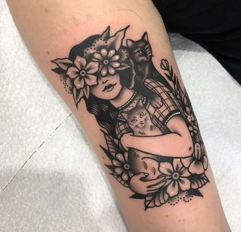 American Traditional Mother Daughter Tattoo, Two Cats Tattoo, New Traditional Tattoo, Traditional Tattoo Woman, Sailor Jerry Tattoos, Black Cat Tattoos, Cat Tattoo Designs, Pin Up Tattoos, Sailor Jerry