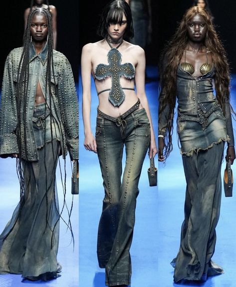 Punk Runway Fashion, Jeans Silhouette, Kelly Chen, Runway 90s, Punk Denim, Fashion Article, Character Designing, Customer Profile, Dystopian Fashion