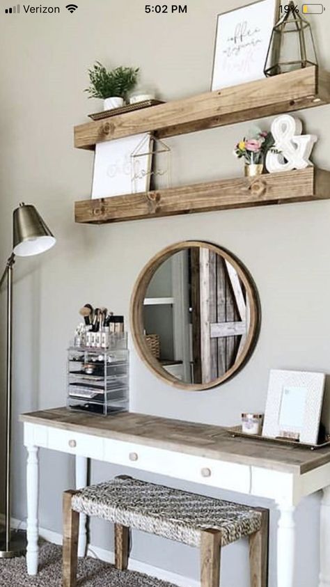 Vanity Farmhouse Makeup, Boho Bedroom Makeup Table, Bathroom Vanity With Makeup Area Farmhouse, Modern Farmhouse Vanity Desk, Makeup Vanity Ideas Bathroom Farmhouse, Farmhouse Vanity Desk, Farmhouse Makeup Vanity Ideas, Wood Makeup Vanity Ideas, Modern Farmhouse Makeup Vanity