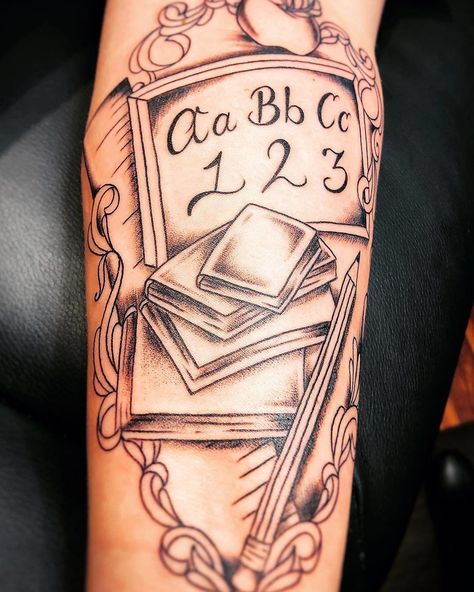 CafeMom.com : ABC Teacher Tattoo : 40 Teacher Tattoos For Everyday Heroes -- This teacher tattoo combines a lot of traditional teaching elements: books, a pencil, and a chalkboard. The collage of items comes together perfectly and it makes a great arm piece. Education Tattoo Ideas Teachers, Special Education Teacher Tattoo, Preschool Teacher Tattoo Ideas, Teacher Tattoo Ideas Simple, Tattoos Teacher, Monogram Of The Alphabet, Teacher Tattoo Ideas, Teaching Tattoos, Teacher Tattoo