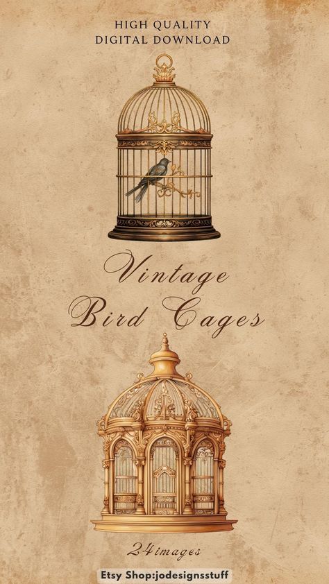 Watercolor Bird Cages, Vintage Shabby Antique Metal Bird Cage with Botanical Designs,Cottagecore Gold Cage with Tree Branches, Bird Clipart Cage Illustration, Vintage Bird Cages, Birdcage Tattoo, Bird Cage Design, Antique Bird Cages, Cage Tattoos, Bird Cage Accessories, Bird Clipart, Vintage Bird Cage