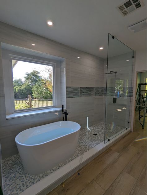 Bathtub And Shower In Same Area, Double Shower Master Baths Walk In, Shower Tub Room Ideas, Bath Inside Shower Wet Rooms, Freestanding Tub By Window, Small Bathroom With Walk In Shower And Tub, Master Bathrooms With Walk In Shower And Tub, Master Bath No Glass Door, Open Shower With Bathtub