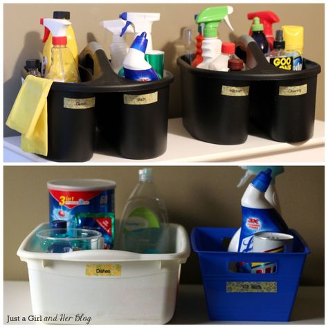 Organized Cleaning Caddies - make a caddy for each area, label it, and include a supply list for the caddy. Maybe even include a list of things needing to be cleaned for each room so others (spouses, kids, etc) can help. Cleaning Supplies Caddy, Putz Hacks, Cleaning Caddy, Cleaning Supplies List, Homemade Toilet Cleaner, Cleaning Supplies Organization, Clean Homes, Cleaning Painted Walls, Deep Cleaning Tips