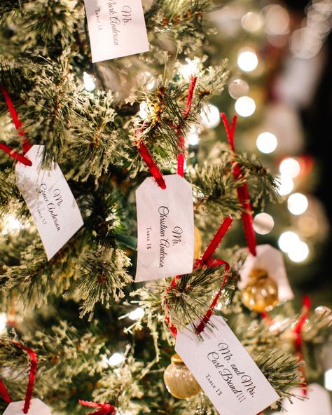 Christmas Wedding Name Place Cards, Christmas Ornaments Seating Chart, Christmas Tree Seating Chart Wedding, December Wedding Centerpieces Wedding Table Decor, Christmas Trees At Wedding Reception, Christmas Tree Wedding Favors, Ornament Favors Wedding, Ornament Seating Chart Wedding, Christmas Ornament Seating Chart