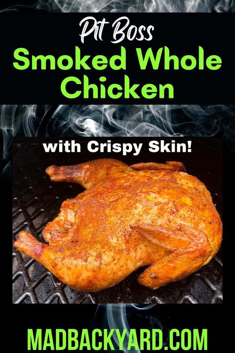 Pit Boss Smoked Whole Chicken Smoked Whole Chicken Pellet Grill, Pellet Smoker Chicken, Best Whole Chicken Recipe, Whole Smoked Chicken, Pellet Grilled Chicken, Pit Boss Pellet Grill Recipes, Smoker Recipes Chicken, Crispy Skin Chicken, Smoked Chicken Quarters