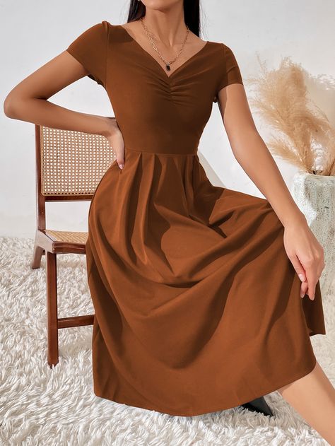 Coffee Brown Elegant Collar Short Sleeve Polyester Plain A Line Embellished Slight Stretch Summer Women Dresses Frocks For Women Knee Length, Brown Elegant Dress, Elegant Dress Aesthetic, Coffee Brown Dress, Simple Brown Dress, Brown Summer Dress, Brown Wedding Dress, Brown Dresses Casual, Brown Summer Dresses