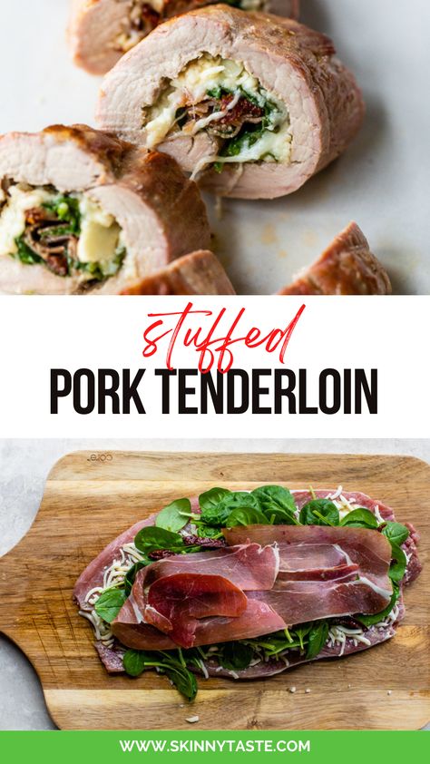 Looking for a delicious and healthy dinner idea? Try this spinach, prosciutto, and mozzarella stuffed pork tenderloin. It's an easy recipe that's perfect for weight watchers. The tenderloin is stuffed with a flavorful mixture of spinach, prosciutto, and mozzarella, then baked to perfection. This dish is sure to become a new favorite for your whole family! porktenderloin #dinnerideas #healthyrecipes #easyrecipe #weightwatchers Spinach Stuffed Pork Tenderloin, Stuffed Pork Tenderloin Recipes In Oven, Cream Cheese Stuffed Pork Tenderloin, Mushroom Stuffed Pork Tenderloin, Cheese Stuffed Pork Tenderloin, Prosciutto And Mozzarella, Cook Spinach, Spinach Cream Cheese, Stuffed Pork