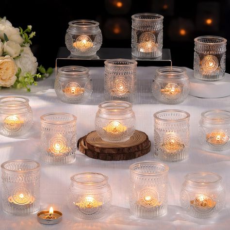 PRICES MAY VARY. ❤️❤️[ Votive Candle Holders Set ]❤️❤️: You will get 36 pack clear votive candle holders in your package, including 18 glass votives and 18 bowl glass votives.The dimensions are 2.1ʺD x 2.56ʺH and 2.1ʺD x 2.1ʺH approximately. These glass votive candle holders are the perfect complement to any dining table, which can be used with regular votive candles, tea light candles, flameless LED tea waxes, and edible butter candles, creating a warm and inviting ambiance that enhances the di Mason Jar Candle Centerpieces, Fake Candles Wedding Centerpieces, Candle Mason Jar Centerpieces, Fall Table Decorations Centerpieces, Floating Candles Mason Jars, Clear Candle Holders, Candle Votives, Wedding Party Centerpieces, Centerpiece Home