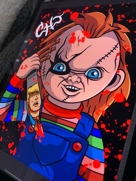 Chucky And Tiffany Painting, Chucky Painting Canvas, Cartoon Art Halloween, Horror Paintings Canvas, Horror Canvas Painting, Cartoon Character Paintings, Horror Movie Paintings Canvas, Chucky Painting, Dope Paintings