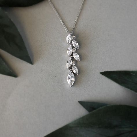 CZ Wedding Pendant with a Marquise Vine Design Marquise Pendant, Crystal Wedding Necklace, Wedding Necklace Set, Diamond Necklace Designs, Bridal Necklace Set, Wedding Pendant, Pendant Necklace Silver, Earring Sets, Drop Design