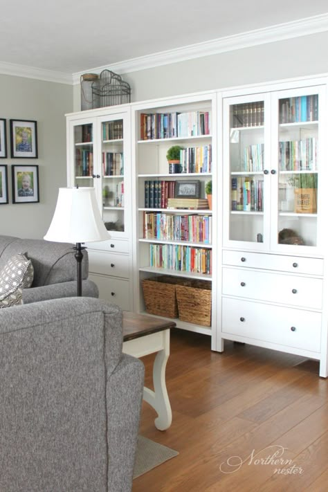 The Uncluttered Homeschool - Northern Nester Homeschool Room Shelves, Hidden Homeschool Storage, Homeschool Storage Dining Room, Dining Room School Room, Homeschool Room Bookshelves, Hemnes Dining Room, Hemnes Office Ideas, Homeschool Room Dining Room, Homeschool Dining Room Ideas