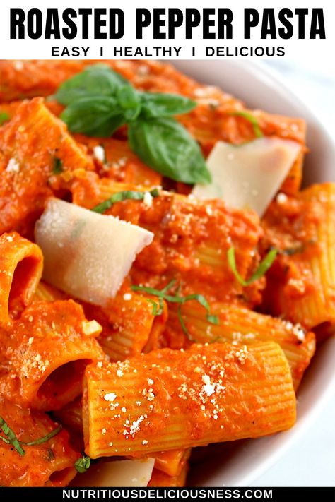 This rich and flavorful Red Pepper Pasta features a homemade creamy, roasted red pepper sauce that perfectly coats tender rigatoni. Topped with fresh basil and parmesan cheese, this is one vibrant and easy dish with a delicious gourmet touch. Roasted Peppers Pasta, Chicken With Red Sauce, Red Bell Pepper Pasta, Roasted Red Pepper Rigatoni, Roasted Pepper Pasta, Pasta With Red Sauce, Creamy Roasted Red Pepper Sauce, Red Sauce Pasta Recipe, Red Pepper Pasta Sauce