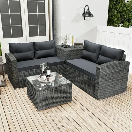 Seizeen Outdoor Space - a better life for you The 4-piece wicker sofa set contains 2 loveseats, 1 corner storage box and 1 table. The modular design allows you to find the perfect seating arrangement for your outdoor space. It has a modern style that enhances the look of the decor. The big rattan storage box can not be used as side table, but also help you store the cushions easily for long time use. This backyard furniture set is decorative, versatile and durable. Choose it and enjoy the wonder Outdoor Furniture Ideas For Small Spaces, Back Deck Furniture Ideas, Small Outdoor Sitting Area, Backyard Sectional, Deck Furniture Ideas, Small Patio Furniture Ideas, Small Covered Patio, Gray Patio Furniture, Comfortable Patio Furniture