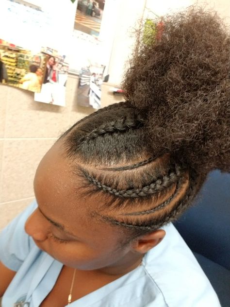 Half Braided Puff Updo on My Natural Hair Braided Bun Natural Hairstyles, Puff Updo Hairstyles Black Hair, Braided Puff Hairstyles Black Women, Braid Puff Natural Hair, Braids Into Puff Natural Hair, Braided Puff Hairstyles, Natural Hair Styles Easy 4c Short Puff, Cornrows With Afro Puff, Puff With Braids