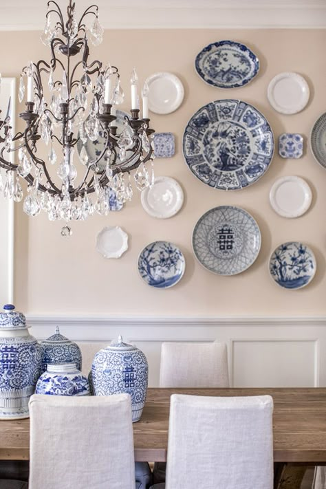 Blue China Dining Room, Vintage Wall Plates, Blue And White Plates On Wall Display, Blue White Plates On Wall, Blue Plate Wall, Wall Of Plates, Blue China Aesthetic, Blue Plates On Wall, Antique Plates On Wall