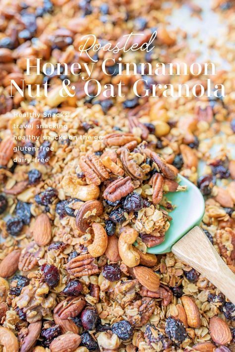 Roasted Honey Cinnamon Mixed Nut & Cherry Oat Granola - Simply Taralynn | Food & Lifestyle Blog Honey Granola Recipe, Cherry Granola, Healthy Travel Snacks, Granola Recipe Healthy, Healthy School Snacks, Honey Granola, Simply Taralynn, Honey Cinnamon, Honey Oats