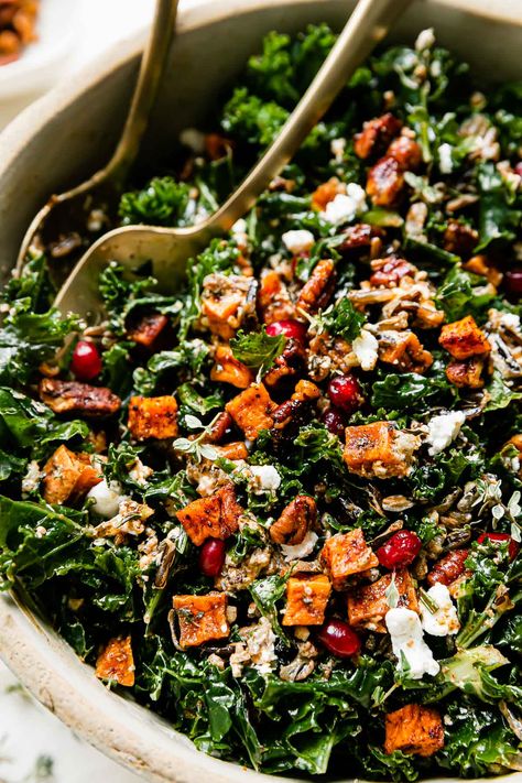 Spiced Sweet Potatoes, Thanksgiving Salad Recipes, Cider Vinaigrette, Autumn Salad Recipes, Thanksgiving Salad, Massaged Kale, Sweet Potato Toast, Pomegranate Salad, Harvest Salad