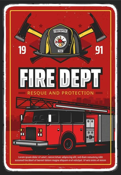 Fire department or brigade poster with fire truck Fire Poster, Fire Brigade, Fire Service, Fire Dept, Fire Truck, Fire Department, Fire Trucks, Trucks, Snacks