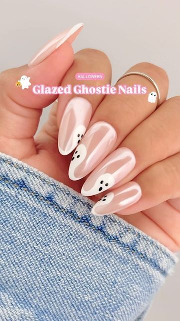 Jeanette Flores on Instagram: "Very classy, very demure Halloween nails ✨🩷✨  glazed ghostie nails for all my classy girlies!! 💅🏽   Had to give @nailartbysig’s viral ghost nails a cutesy glazed look!   Save & Share for Halloween nail inspo, Follow for more!🫶🏼  Using @dndgel (code: JEN25) •878 Picnic for 2  •Top Gel 600 •White Pearl Chrome Powder 01 •Perfect White Diva 156 •Classic Black •Dotting Nail Art Tool Set  #demure #halloween #glazednails #chromenails #pinkchromenails #lilacnails #glazeddonutnails #demurenails #classynails #cleangirl #coquette #uñas #uñasdehalloween #nailinspo #nails #whitechromenails #nailart #halloweennails2024 #nailtrends #nailvideos #pinknails #ghostnails #dndgelpolish #dndgel" Acrylic Ghost Nails, Ghost Nails Coffin Shape, Ghost Tips Nails, Ghost Nails Almond Shape, Neutral Witchy Nails, Minimal Ghost Nails, Subtle Ghost Nails, Neutral Simple Nails, Oktoberfest Nail Designs