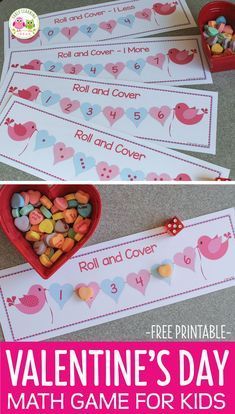 Valentine's Day Game, Preschool Valentines Activities, Roll And Cover, February Math, Kindergarten Valentines, Math Valentines, Number Game, Free Games For Kids, Valentines Games