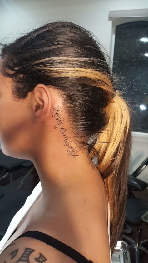 Number 14 Neck Tattoos Women Side Words, Neck Name Tattoos Women, Side Neck Tattoos Women Words, Hairline Tattoo For Women, Side Neck Tattoo Writing, Tattoo Hairline, Head Tattoo Hair, Neck Hairline, Tattoo Areas