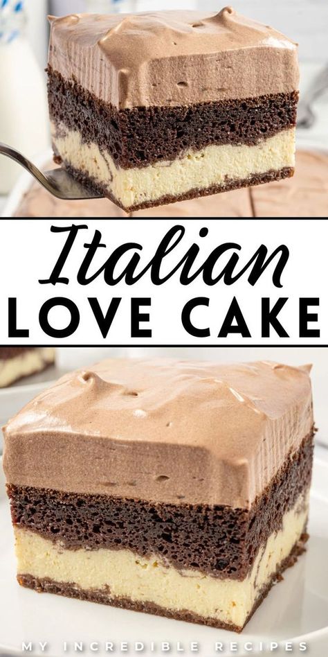 This Italian love cake is a scrumptious dessert for Valentine's Day or any occasion! It is a delightful chocolate cake made with a ricotta base that is then topped with a rich chocolate pudding frosting. A luscious and melt-in-your-mouth cake this love cake will be the talk of the night. Try it today! Chocolate Pudding Frosting, Italian Love Cake, Pudding Frosting, Italian Love, Italian Cake, Dessert Simple, Scrumptious Desserts, Cake Mix Recipes, Chocolate Pudding