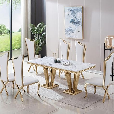 Amazon.com - White Marble Dining Table Set for 8, 9 Piece Gold Kitchen Dining Room Table Set and 8 PU Leather Upholstered Chairs w/High Backest, Modern Faux Marble Kitchen Dining Table and Chairs for Dining Room - Tables Modern Marble Kitchen, Marble Dining Table Set, Gold Dining Room, Dining Table Design Modern, Luxury Dining Table, 6 Seater Dining Table, Luxury Dining Chair, Grey Dining Room, Marble Kitchen