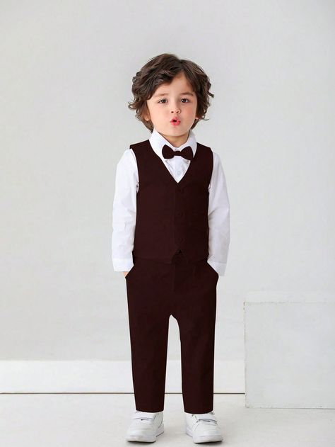 3pcs Young Boys Gentlemen Outfit With Bow Tie, White Shirt, Vest And Pants, Suitable For Birthday Party, Wedding, Funeral Burgundy     Plain  Non-Stretch  Young Boys Clothing, size features are:Bust: ,Length: ,Sleeve Length: Ring Boy Outfits, Suit With Bow Tie, Long Suit Jacket, Toddler Poses, Navy Blue Party, Gentleman Suit, Wedding Outfit For Boys, Bow Tie Suit, Kids Blazers