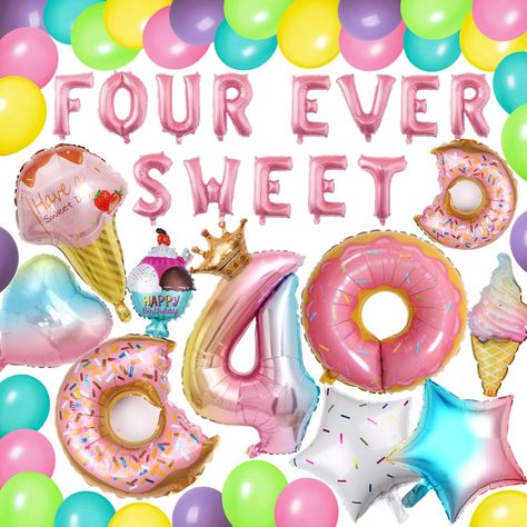 PRICES MAY VARY. 4th Birthday Decoration Set: 16inch pink letter balloons banner "FOUR EVER SWEET", 3 pcs donut balloons, 3 pcs ice cream balloons, 2 pcs 18inch star balloons, 1 pc 18inch heart balloon, 1 pc 32inch number 4 balloons with a small crown balloon, and 30 pcs 10inch latex balloons, will make your princess birthday party very special. Sweet Girl Theme Party: Use donuts as the birthday party theme with sweet elements such as ice cream, crowns and colorful latex balloons to create a dre Birthday Party Ideas For 4 Year Girl, Donut 4th Birthday Party Girl, 4th Girl Birthday Party Themes, Fourth Birthday Theme Girl, 4 Year Girl Birthday Party Ideas, Four Birthday Theme Girl, Four Year Old Birthday Party Girl, Girl 4th Birthday Party Themes, Girl 4th Birthday Party Ideas