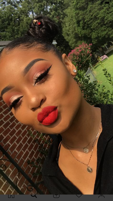 Makeup Ideas For Red Dress Black Women, Red Eyeshadow On Black Women, Red Makeup On Black Women, Red Makeup Dark Skin, Natural Makeup With Red Eyeshadow, Orange Makeup Black Women, Red Eyeshadow Looks Black Women, Orange Eyeshadow Looks Black Women, Red Makeup Looks Black Women