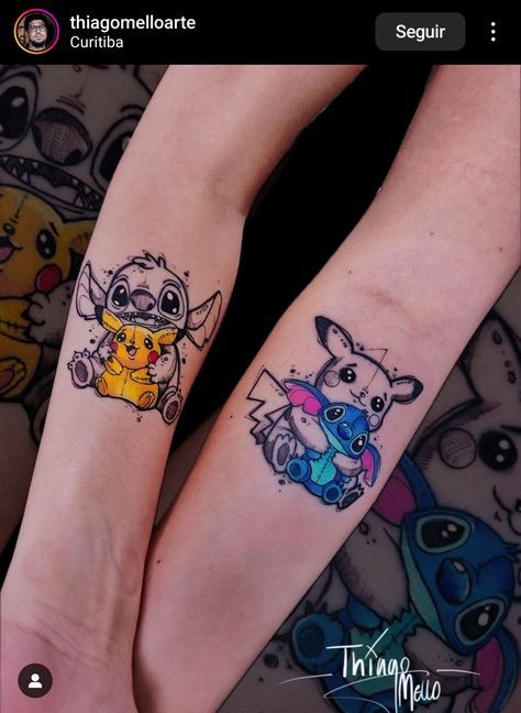 #watercolortattoos #watercolourtattoo #colortattoo #tattoowork #colortattoos #tattoocolor #tattooidea #tattooing #colorfultattoo #cutetattoos Non Traditional Couples Tattoos, Stitch With Ducks Tattoo, Pokemon Tattoos Small, Poke Ball Tattoo, One Piece Tattoos Ideas, Pikachu Tattoo Small, His And Her Tattoo Ideas Couple Tat Unique, Male Tattoos Ideas, Stitch Tattoo Ideas Small