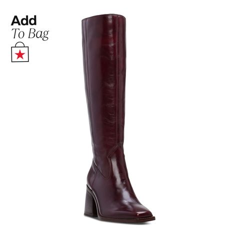 in stock Burgundy Tall Boots Outfit, Cherry Red Boots, Tall Boots Outfit, Wide Calf Tall Boots, Maroon Boots, Autumn Shoes, Work Fits, Dark Mahogany, Fall Inspo