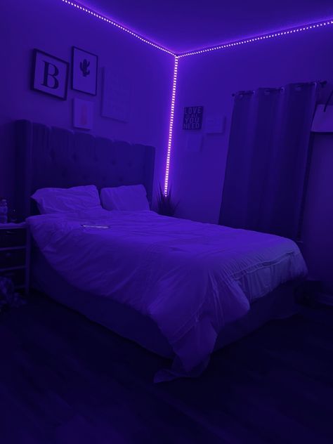 Self Care Room, Grey Velvet Bed, Lounge Aesthetic, Purple Led Lights, Bed Boards, Bedroom Aesthetics, Purple Bedrooms, Led Lighting Bedroom, 2024 Year