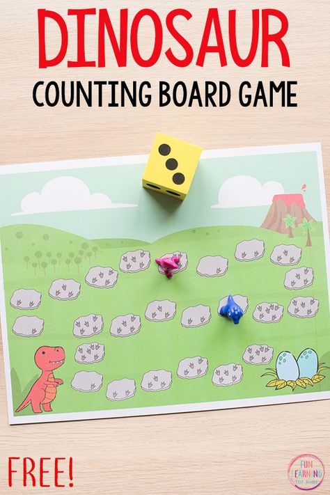 Dinosaur board game math activity for preschool and kindergarten. This counting and addition activity is perfect math centers! Math Activity For Preschool, Counting Board, Addition Activity, Dinosaur Theme Preschool, Dinosaur Activities Preschool, Game Math, Activity For Preschool, Dinosaurs Preschool, Addition Activities