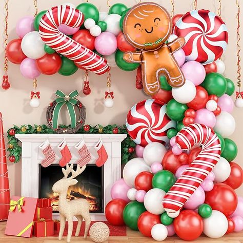 Gingerbread Man Theme Party, Gingerbread Games Party Ideas, Girl Christmas Birthday Party Ideas, Candy Christmas Party, Kids Christmas Birthday Party Ideas, Man Balloon Garland, Gingerbread Christmas Party Theme, Candy Cane Theme Party, Christmas Bday Party Ideas